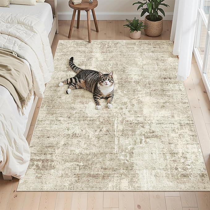 Soalmost 4x6 Area Rugs for Living Room, Vintage Washable Rugs for Dining Room, Bedroom, Home Office Decor, Non-Slip Beige/Gray Carpet Thin Rug