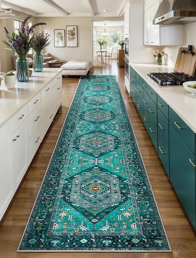 SERISSA Runner Rug for Hallways, 2'6"x16' Washable Non Slip Kitchen Runner Rug, Extra Long Boho Rug Ultra Soft Vintage Teal Print Floor Carpet for Bedroom Hallway Entryway Bathroom Laundry Room