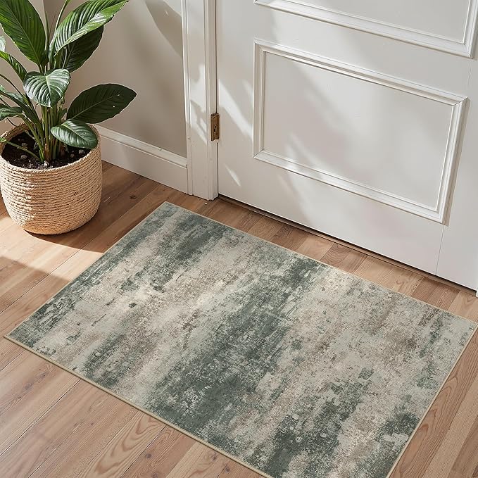 BEIMO 2x3 Rugs for Entryway Entrance Kitchen Bathroom, Machine Washable Modern Abstract Soft Area Rug, Indoor Floor Carpet with Non Slip Rubber Backing, Grey/Dark Green