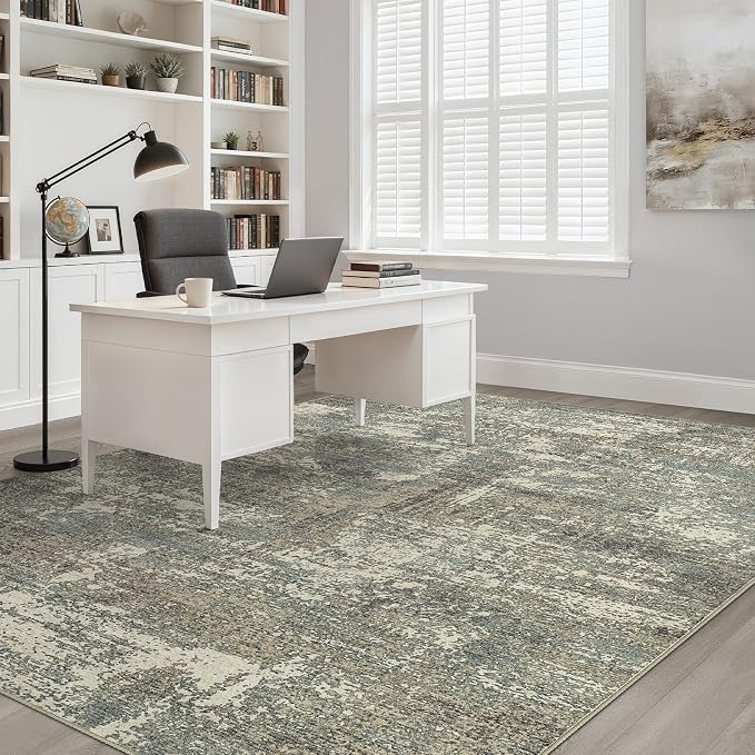 7x9 Area Rug Living Room: Washable Large Neutral Rug Abstract Soft Modern Stain Resistant Indoor Floor Non-Slip Carpet for Bedroom Nursery Kids Office Playroom Dining Room- Green Brown