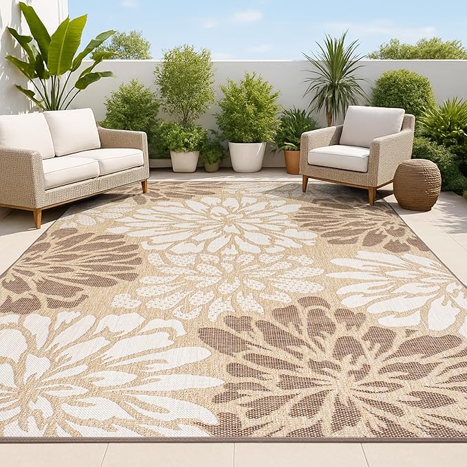 JONATHAN Y Floral Textured Weave Indoor Outdoor Area Rug 4X6 Brown/Cream, Zinnia Modern for Backyard, Patio, Porch, Easy-Cleaning, High Traffic, Pet-Friendly, Non-Shedding (SMB110I-4)