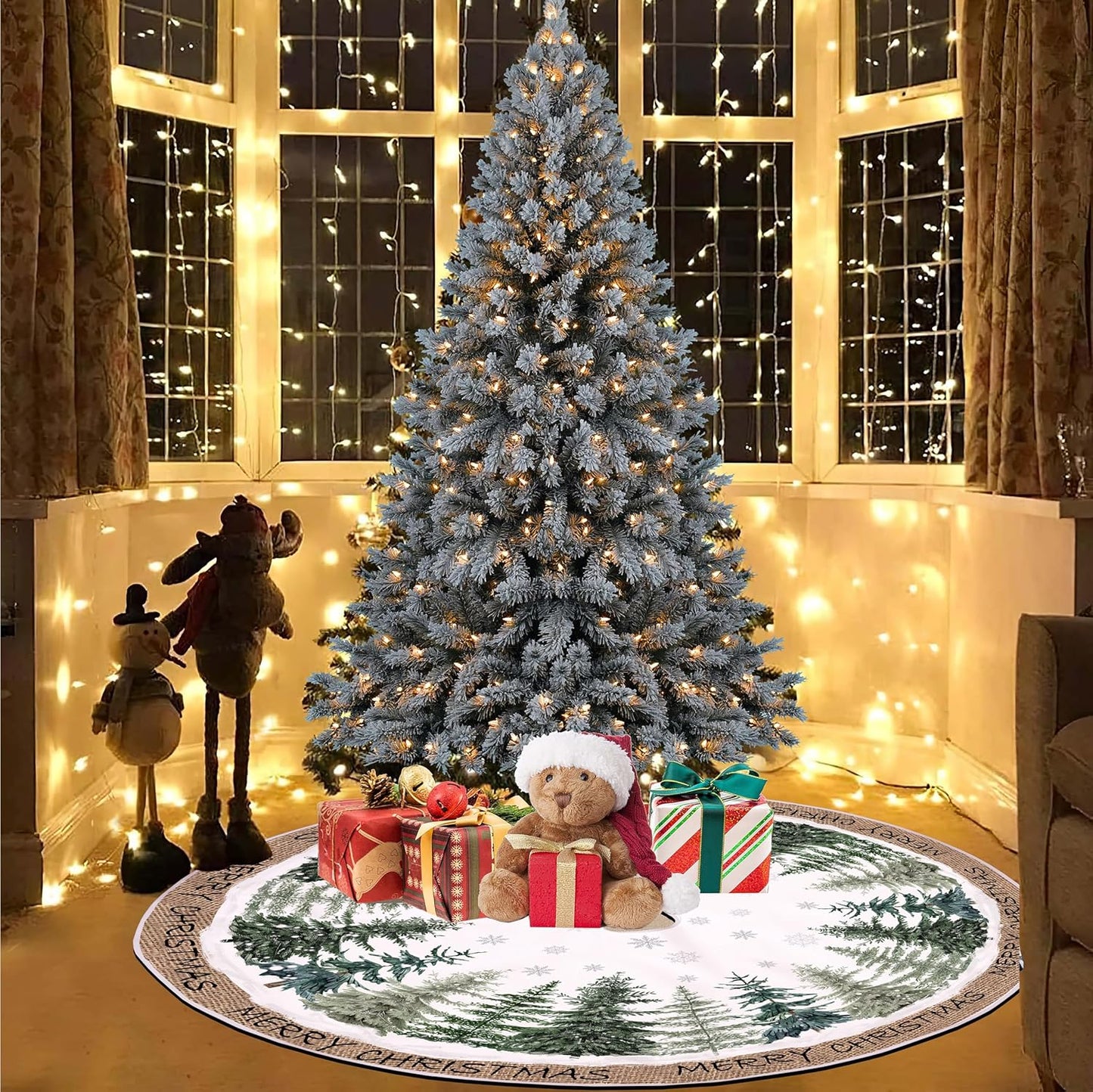 Baccessor Christmas Tree Skirt 48 Inch Pine Trees Snowy Forest Christmas Tree Skirt Collar for Farmhouse Vintage Rustic Merry Christmas Xmas Winter Holiday Party Decoration