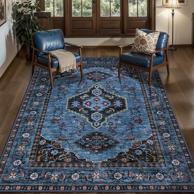Tangsoo Blue 3x5 Area Rugs, Oriental Washable Rug Non Slip Indoor Accent Rug, Vintage Print Carpet, Soft Low Pile Throw Rugs for Living Room Dining Bedroom Bedside Entryway