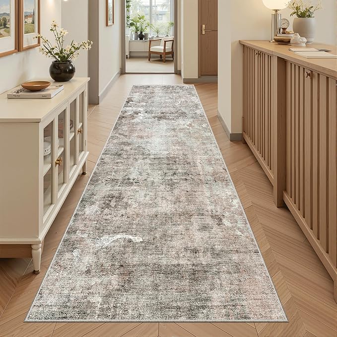 Soalmost Washable Runner Rug, 2'6" x 8' Non-Slip Kitchen Vintage Foldable 2.5x8ft Hallway Runners for Entryway, Laundry, Bedroom, Pink/Grey