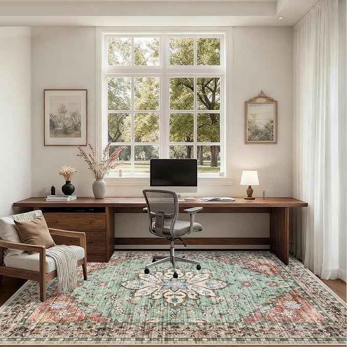 4x6 Area Rugs for Living Room: Washable Rug Soft Vintage Distressed Floral Carpet Indoor Floor Non-Slip Stain Resistant Large Carpets for Bedroom Dining Room Farmhouse Nursery Home Office Brown Green