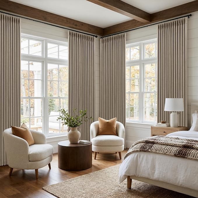 TWODRAPES Dark Flax Pleated Blackout Burlap 126 Inch Long Curtains Neutral Pinch Pleated Light Taupe Linen Double Layer 100% Black Out Curtains Soundproof Cottagecore 126 Inch Window Drapes 2 Panels