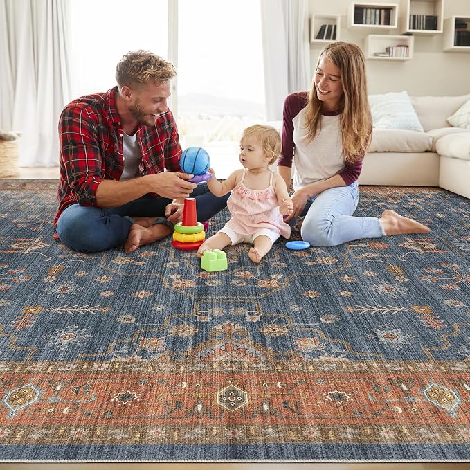 6x9 Area Rug for Living Room- Machine Washable Soft Oriental Vintage Large Indoor Floor Carpet for Bedroom Under Dining Table Home Office Decor - Blue Terracotta