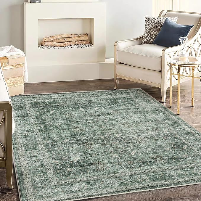 CHAMPLANT Washable Area Rug 4'x6' Vintage Traditional Floor Cover Foldable Thin Rugs Retro Kitchen Indoor Distressed Non Slip Carpet Floral Print Mat Bedroom Living Room