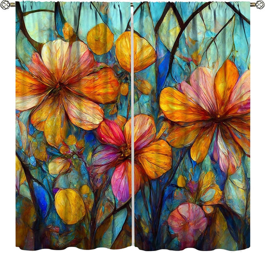 Stained Glass Curtains,Magic Forest Colorful Flowers Abstract Art Home Decor Drapes for Bedroom Living Room Kitchen Window Treatment 2 Panels Set Total Size 42" W X 45" L Inch