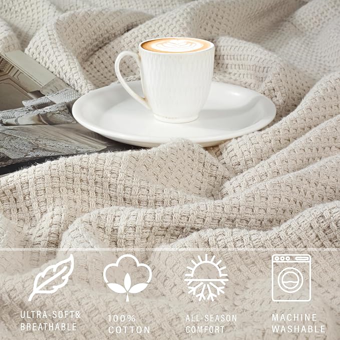 TreeWool Premium 100% Cotton Waffle Queen Blanket (90"x90", Stone) | Breathable Lightweight Moisture Wicking Soft Knit Thermal Blanket for Summer, Bed or Sofa All-season Comfort Machine Washable