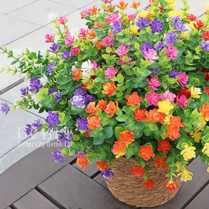 Not-Fading 6 Color Mixing Artificial Flowers, 12 Bundles Realistic Faux Plants for Indoor & Outdoor Décor Weatherproof PE Fake Plants for Porch Patio Garden and Home Decoration