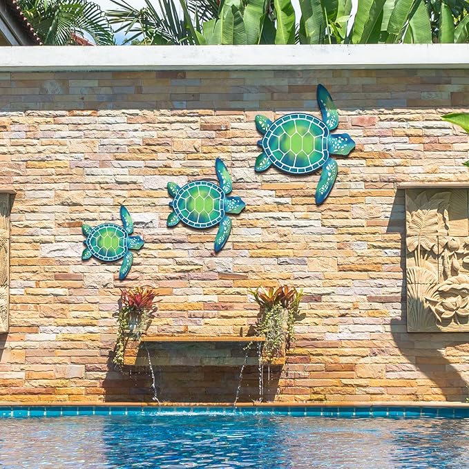 Bucherry 3 Sizes Wooden Sea Turtle Wall Decor Turtle Wall Art Beach Theme Art Decorations Vintage Coastal Ornaments for Pool Home Lake House Bathroom Garden Indoor Outdoor(Blue Green)