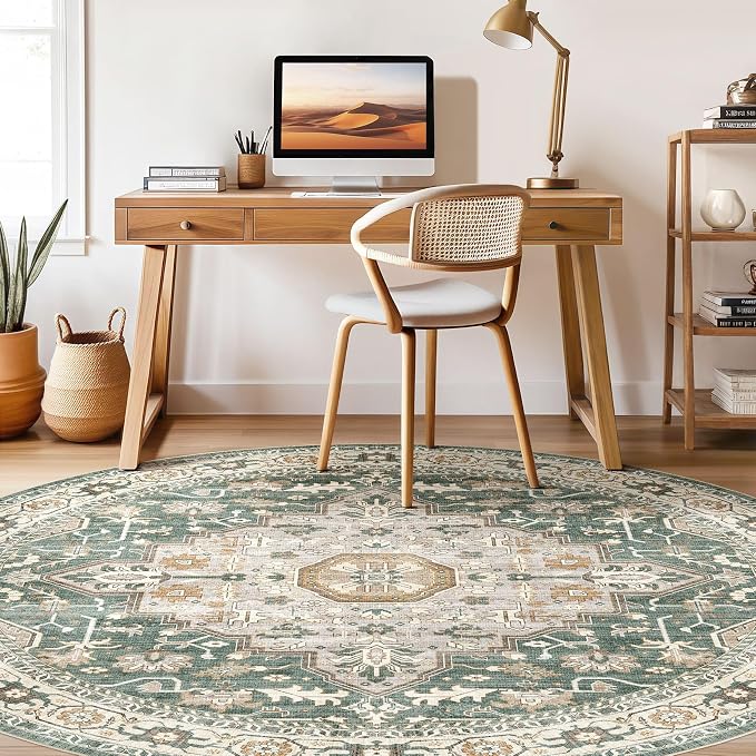 Round Rug Living Room Rugs: 5x5 Washable Boho Neutral Large Circle Soft Indoor Distressed Stain Resistant Floor Farmhouse Carpet for Bedroom Nursery Kids Playroom Office Dining Room Dorm- Green