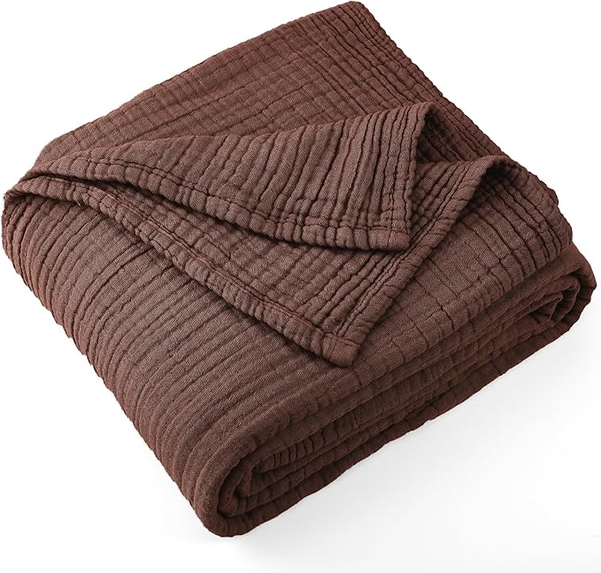 Carriediosa 100% Cotton Muslin Throw Blanket 108" X 90" King Size，4-Layers Summer Gauze Throws for Bed Couch，Soft Lightweight Breathable Linen Blankets Bedspread for Adults All Season，Dark Brown