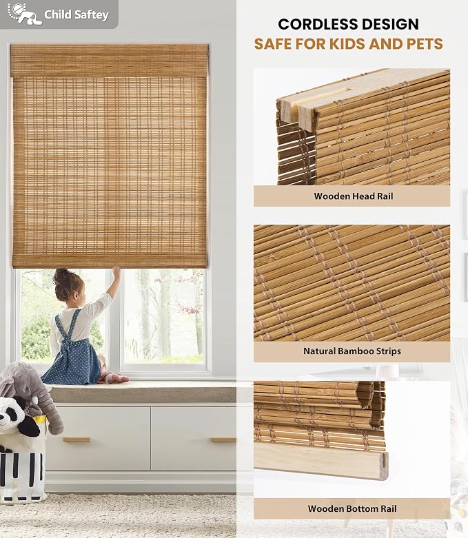 LazBlinds No Drill Bamboo Roman Shades, 46x64, Tuscan B | Light Filtering Window Treatment, No Tools Cordless Roll Up Bamboo Blinds for Window
