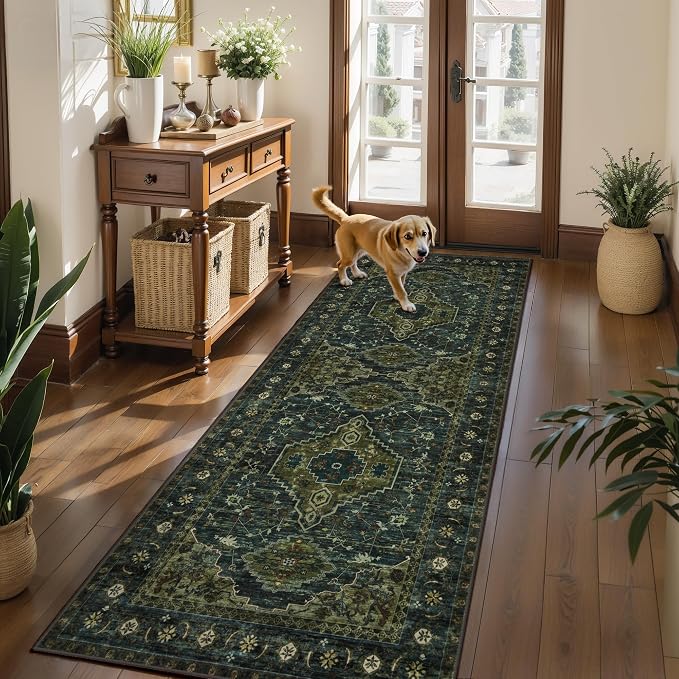 Tangsoo Oriental 3x6 Entryway Runner Rug, Washable Non Slip Indoor Accent Runner Rugs, Vintage Print Olive Green Carpet Runner, Soft Low Pile Rug for Living Room Dining Bedroom Bedside Entryway