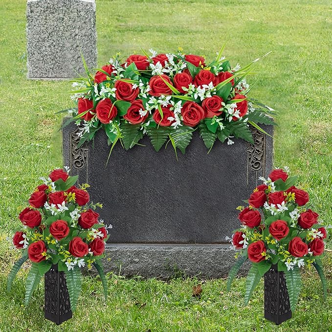 DONODA Cemetery Tombstone Flower Saddle - Outdoor Grave Decorations - Non-Bleed Colors, Rose Combination Flower (red Saddle)