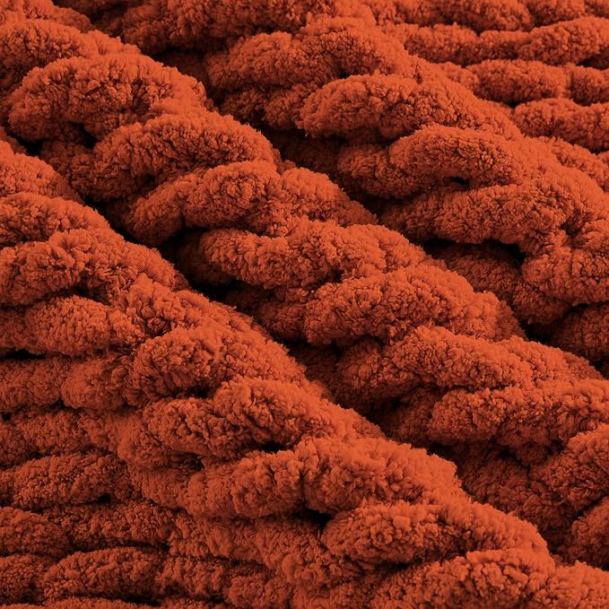 Carriediosa Chunky Knit Throw Blanket 60" X 80" Twin, 100% Hand Made Large Chenille Loop Yarn Soft Fluffy Throws for Couch Sofa Bed, Big Crochet Cozy Heavy Thick Cable Woven Blankets, Rust