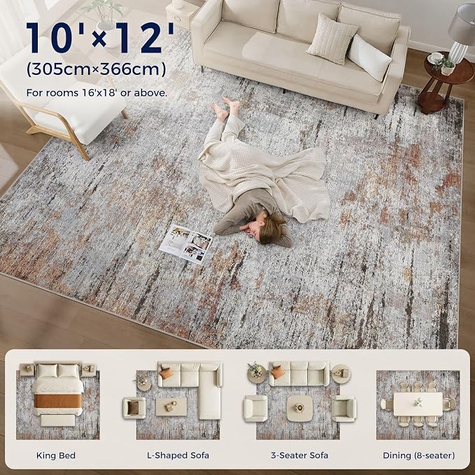 DMOYEST Area Rug Living Room Rugs - 10x12 Large Soft Indoor Neutral Modern Abstract Low Pile Washable Rug Carpet for Bedroom Dining Room Farmhouse Home Office - Grey Rust