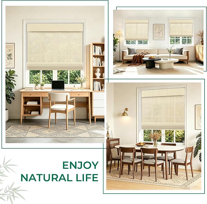 Allesin zen No Drill Cordless Bamboo Roman Shades, Light Filtering 35" W x 64" H, Ivory