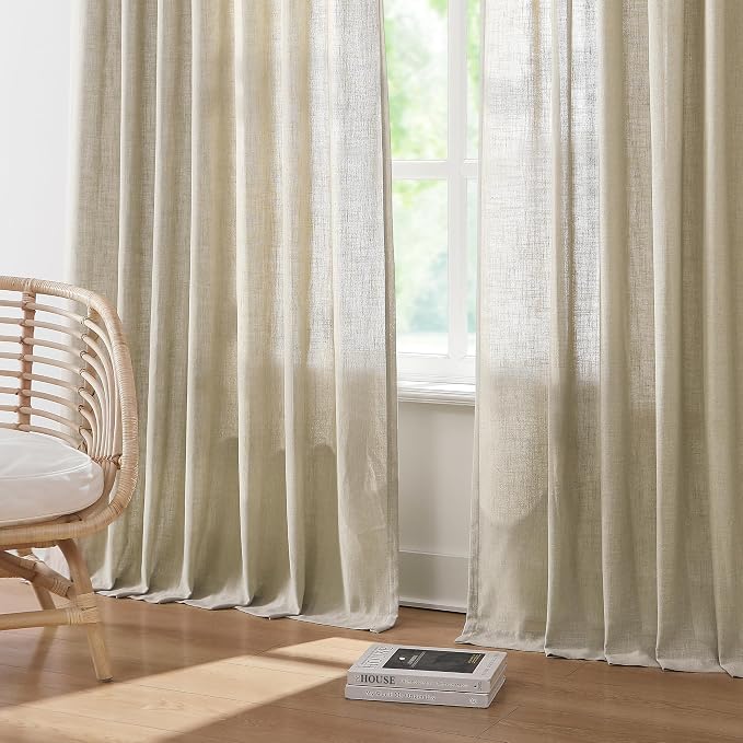 Vision Home Sand Pinch Pleated Light Filtering Curtains with Microfiber Liner 95 inch Linen Blended Textured Privacy Drapes for Living Room Bedroom Back Tabs with Hooks 2 Panels 40"Wx95"L,Camel Beige