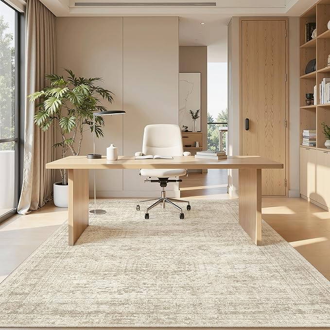 Soalmost 5x8 Area Rugs Beige Low Pile Indoor Washable Trendy Faded Style Rugs for Bedroom Living Room Dining Room Foldable Non-Slip Thin Print Home Office Mat