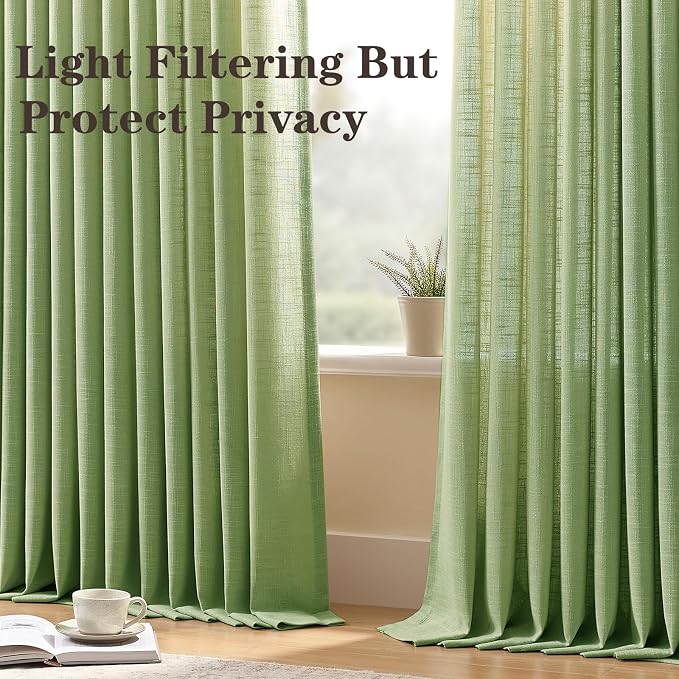 Sage Green Pinch Pleated Linen Curtains 96 Inches Long for Living Room, Light Filtering Pleat Drapes Textured Thick Ceiling Semi-Sheer Window Curtain with Hooks for Farmhouse Bedroom Balcony, 2 Panels