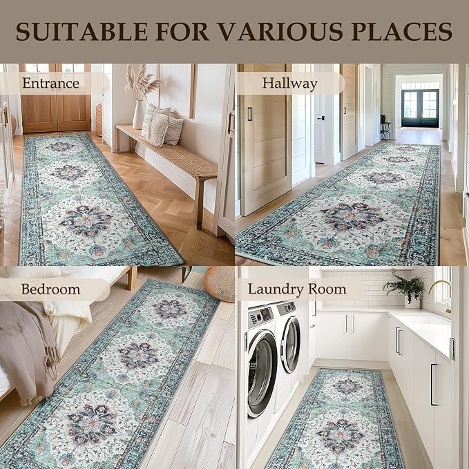 RELEANY Area Rugs 2'x10' Runner Rug Non Slip Washable for Kitchen Hallway Bedroom Beside Laundry Room Bathroom Rug, Floor Carpet, Green Navy Blue White Red Teal Colorful