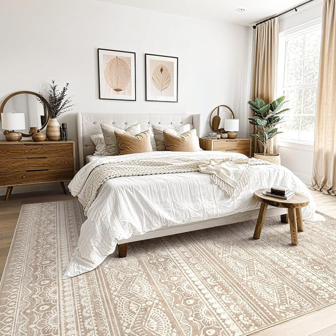 Tortania Area Rug Living Room Rugs - 7x9 Washable Large Soft Neutral Boho Moroccan Bohemian Farmhouse Rug Indoor Floor Carpet for Bedroom Under Dining Table Home Office Decor - Light Brown