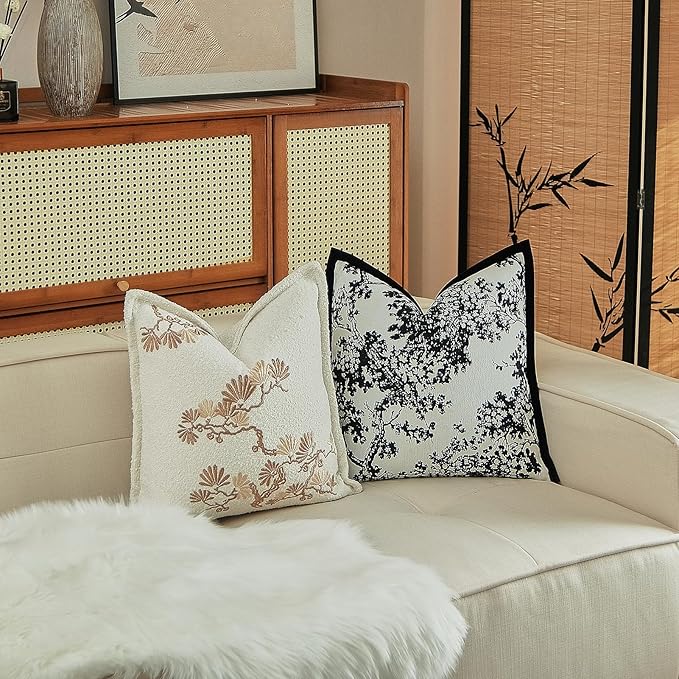 Croker Horse 20x20'' inches Throw Pillow Cushion Covers - Black Embroidery Pine Tree Luxury Modern Style with Tassel Couch Sofa Pillow Cover for Living Room Bedroom