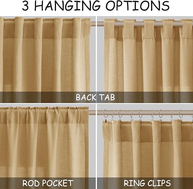 Nanspring Gold Yellow Linen Curtains 90 Inch Long 2 Panels Set for Bedroom Living Room Gold Yellow Linen Textured Window Drapes Semi Sheer Light Filtering Rod Pocket Back Tab Farmhouse Curtain 52x90