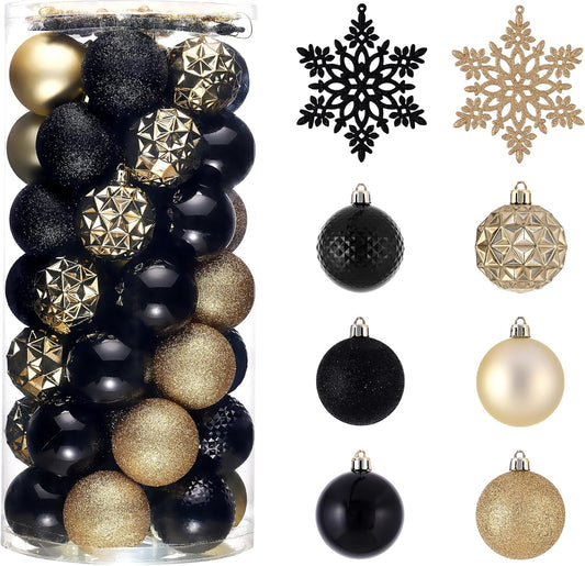 Valery Madelyn Christmas Tree Decorations Ornament Set for Fall Halloween, 50ct 2.36 Inches Black and Gold Shatterproof Christmas Ball Ornaments Hanging Xmas Holiday Party Decor