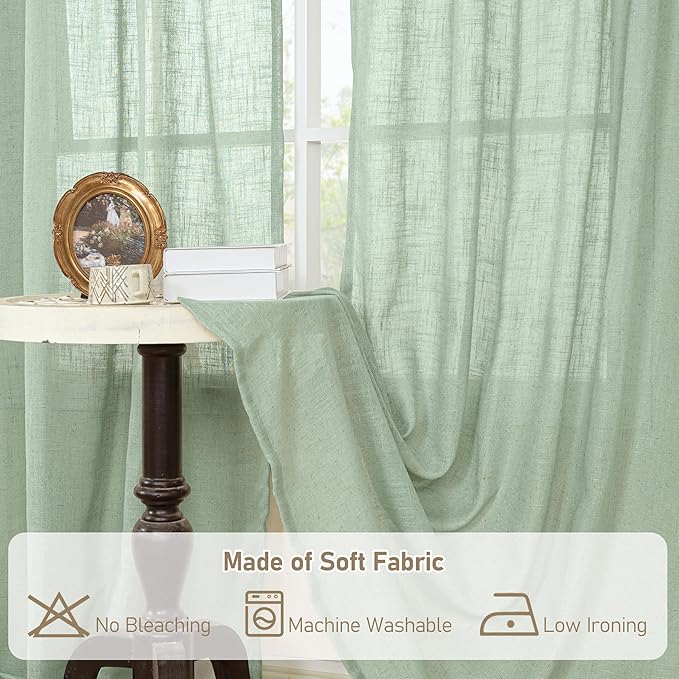 LAMIT Fresh Green Linen Curtains 45 Inch Length 2 Panels, Light Filtering Panels Back Tab and Rod Pocket Country Decor Drapes for Kitchen/Window/Loft Room/Bedroom, 34 x 45 Inch