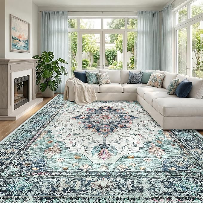 RELEANY Area Rugs Large 10'x12' Washable Non-Slip, Floral Vintage Distress Medallion Carpet for Living Room Bedroom Dining Room, Green Navy Blue White Red Teal
