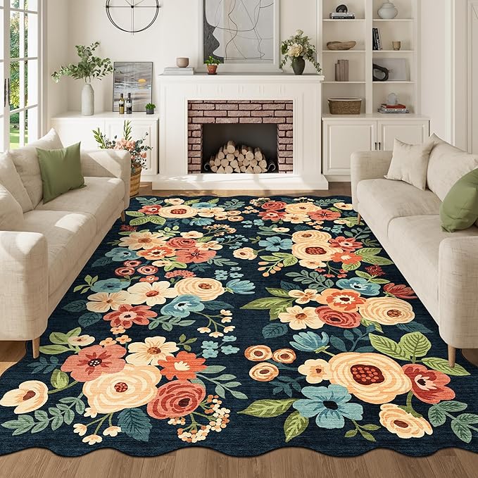 DUKINO 6x9 Area Rug, Floral Washable Rugs for Living Room with Non Slip Backing & Non-Shedding, Lightwight Low Pile Boho Design Large Carpets for Bedroom, Living Room, Dining Room, Black