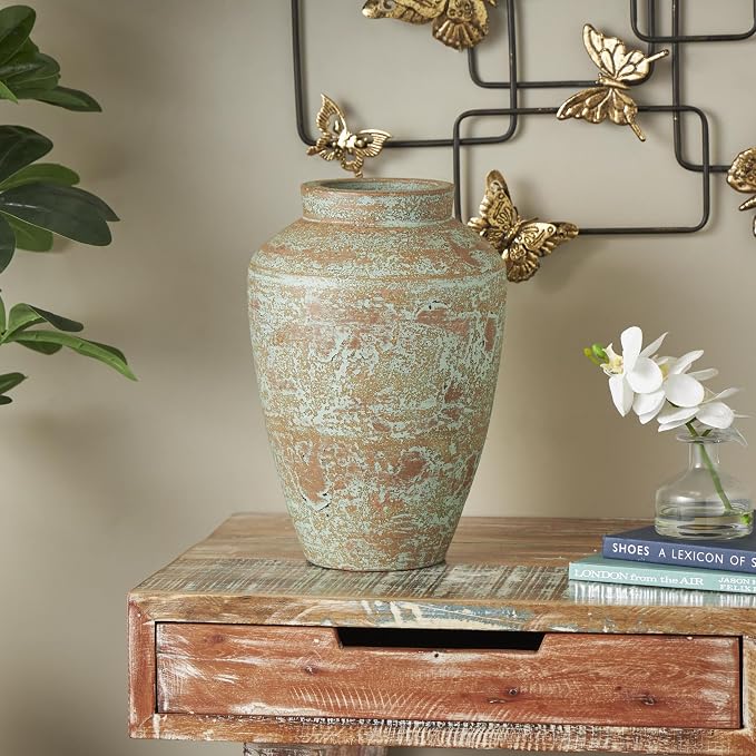 Deco 79 Ceramic Decorative Vase Antique Style Textured Patina Centerpiece Vase, Flower Vase for Home Decoration 10" x 10" x 15", Brown
