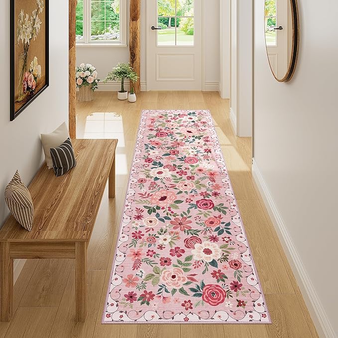 DUKINO Runner Rug, 2x7 Boho Kitchen Rug for Hallways with Low Pile Design, Washable Non Slip Backing Soft Floral Runner for Kitchen, Hallway, Entryway, Bedroom, Laundry, Pink