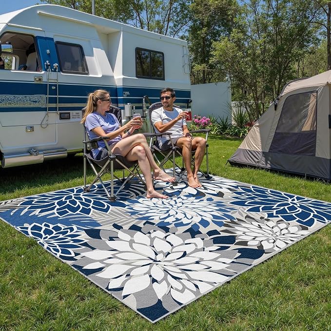 4x6 Outdoor Area Rug Washable Multicolored Patio Rug Tropical Botanical Floral Chenille Waterproof Outdoor Carpet for Living Room, Deck, Backyard, Porch, Blue