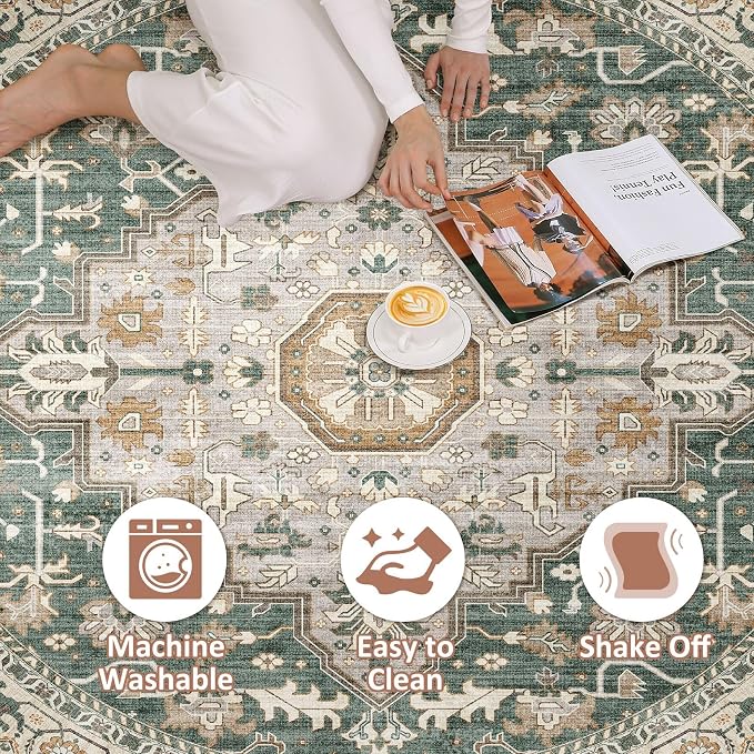 10ft Round Rug Living Room Rugs: 10x10 Washable Boho Neutral Large Circle Soft Indoor Distressed Stain Resistant Floor Farmhouse Carpet for Bedroom Nursery Kids Playroom Office Dining Room Dorm- Green