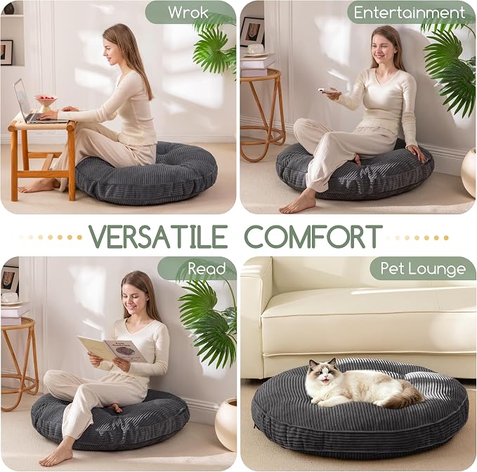 HIGOGOGO 35" Floor Pillow Cushion for Adults, Meditation Cushion Pillow, Extra Large Square Floor Sitting, Tufted Corduroy Cover for Tatami Living Room or Yoga, Dark Grey