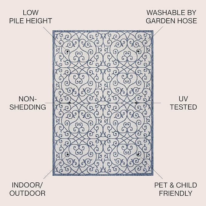 JONATHAN Y Vintage Filigree Indoor Outdoor Area Rug 3X5 Blue/Cream, Madrid Textured Weave for Backyard, Patio, Porch, Easy-Cleaning, High Traffic, Pet-Friendly, Non-Shedding (SMB107F-3)
