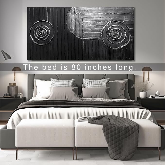 Extra Large Wall Paintings for Hotel Black and Silver Circles Wall Decorations for Living Room Abstract Office Wall Decor Size 36 x 72 Inch