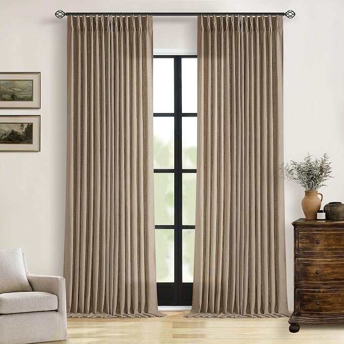 TWODRAPES Pleated Linen Curtains 96 Inches Long Living Room 2 Panel Set Semi Sheer Light Filtering Pinch Pleat Rings Hooks Drapes Boho Farmhouse Rustic Light Brown Tan Latte Curtain Bedroom Window