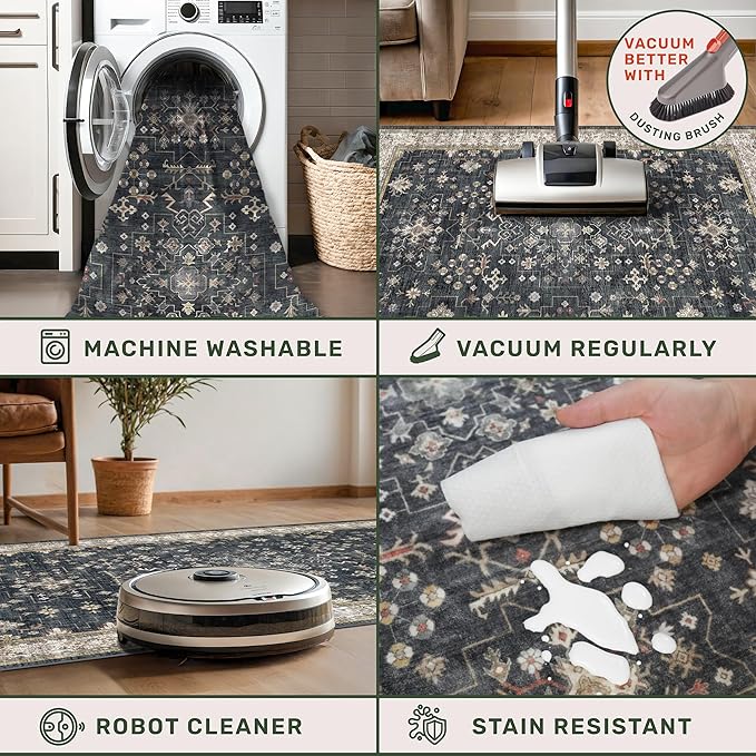 Black Farmhouse Washable 8x10 Area Rugs for Living Room, Bedroom, Dining Room Kitchen Table Rug for Under Table, Office, Dark Charcoal Tumble Stain Resistant Non-Slip Large Washable (8x10 Black/Multi)