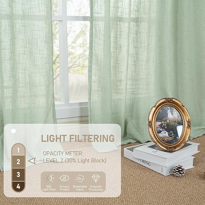 LAMIT Sheer Linen Curtains for Living Room, Back Tab and Rod Pocket Curtains Light Filtering Country Rustic Farmhouse Drapes for Bedroom/Farmhouse, 2 Panels, 52 x 102 Inch, Fresh Green