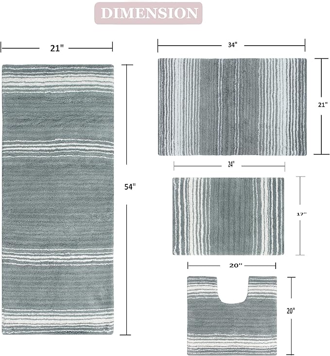 Home Weavers 100% Cotton Gradiation Collection Bathroom Décor | Washable Rug | Bathroom Mat | Kitchen Mat | Bathroom Rug Set | Bath Mat Set | Bath Floor Mat Non Slip, 4 Piece Set with Runner, Gray