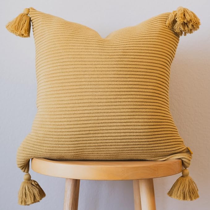 Cozy Soft Cotton Throw Pillow Cover with Ribbed Knit Texture and Tassel Corners adds Warmth and Character to Your Space (18x18, Muted Mustard Yellow)