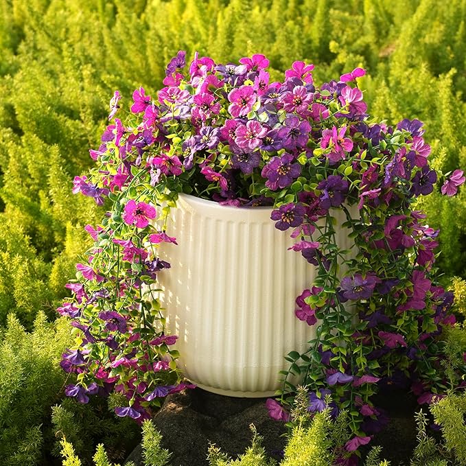 Fanfantoey 4Pcs Artificial Flowers for Outdoors, Realistic Fake Hanging Flowers Plants, UV Resistant Fake Flowers, Faux Silk Daisy Flower Vines for Planter Outside Decor(Double Purple)