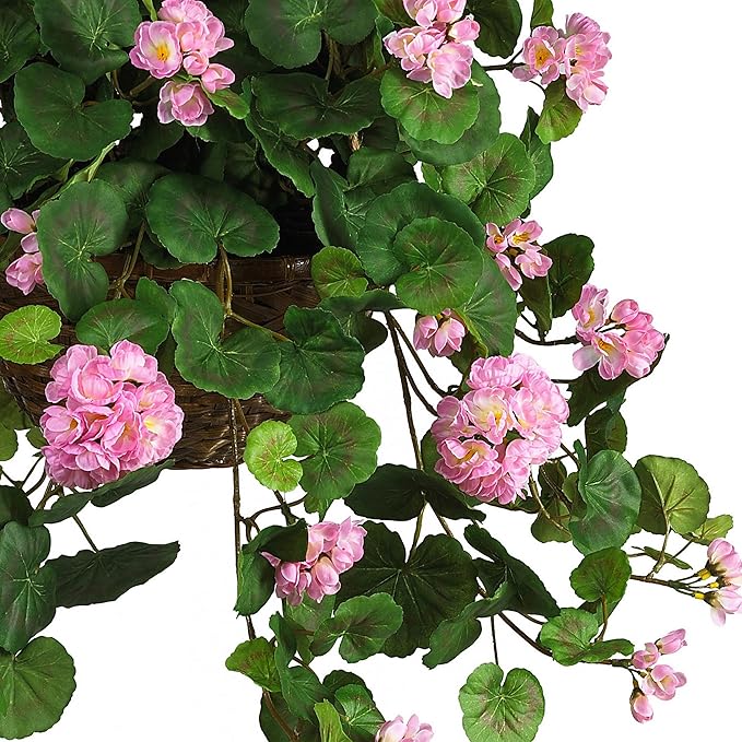 Nearly Natural 24in Artificial Geranium Hanging Basket Faux Floral Plant For Home Decor, Pink