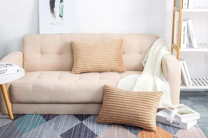 TangDepot Velvet Big Corduroy Pillow Covers 12x24 Khaki 2-Pack | Soft wide-stripe corduroy pillow cover, hidden zipper, machine washable, easy refresh, for bedroom living room indoor outdoor